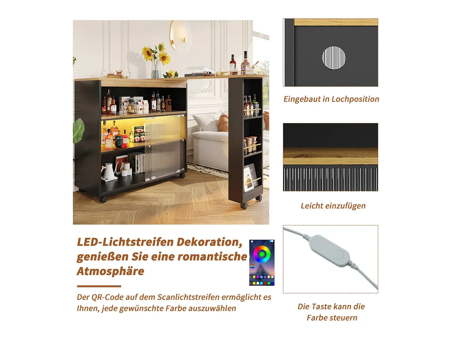 Mesa de bar extensible con espacio de almacenamiento, diseño moderno, MDF, color negro, con LED y ruedas (138-204 x 39 x 105 cm)