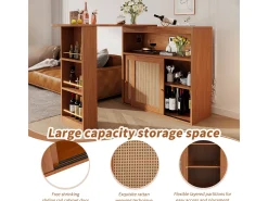 Mesa de bar extensible con tejido de ratán, estantes ajustables y almacenamiento (138-193x39x104cm)