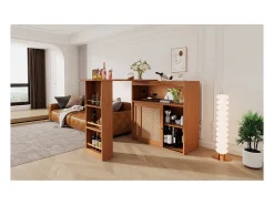 Mesa de bar extensible con tejido de ratán, estantes ajustables y almacenamiento (138-193x39x104cm)