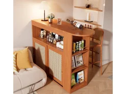 Mesa de bar extensible con tejido de ratán, estantes ajustables y almacenamiento (138-193x39x104cm)
