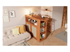 Mesa de bar extensible con tejido de ratán, estantes ajustables y almacenamiento (138-193x39x104cm)