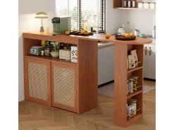 Mesa de bar extensible con tejido de ratán, estantes ajustables y almacenamiento (138-193x39x104cm)