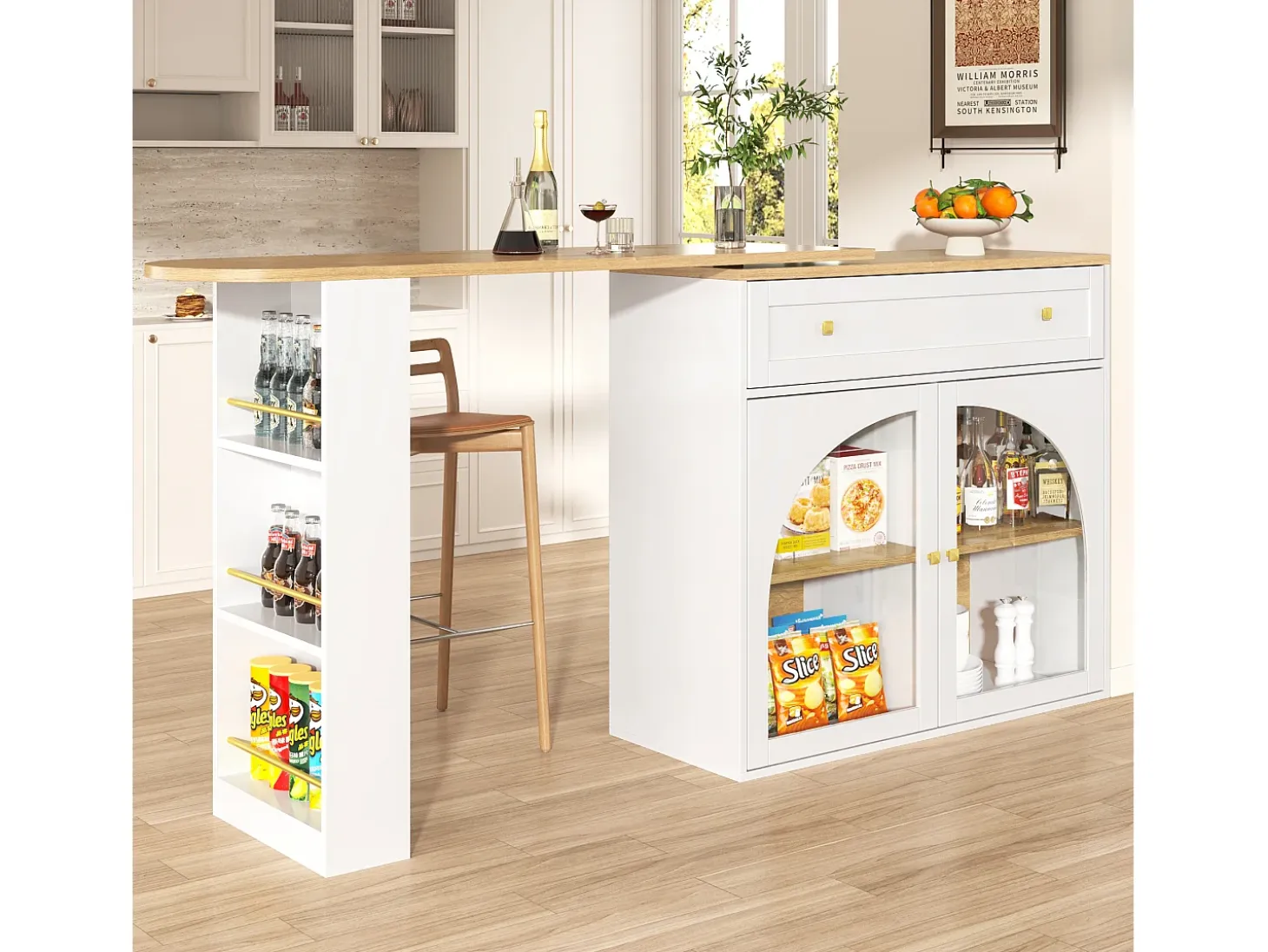 Mesa de bar extensible con espacio de almacenamiento, giratoria 360°, MDF, blanca (138-204x39x104 cm)