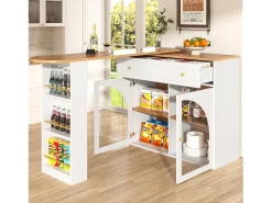 Mesa de bar extensible con espacio de almacenamiento, giratoria 360°, MDF, blanca (138-204x39x104 cm)