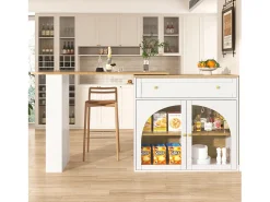 Mesa de bar extensible con espacio de almacenamiento, giratoria 360°, MDF, blanca (138-204x39x104 cm)