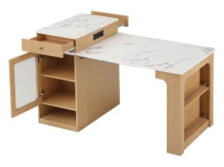 Mesa de bar extensible con tablero desmontable - 80 x 71/111/151 x 92 cm - con puerta + cajón - MDF + cristal - natural