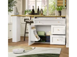 Mesa de bar extensible con rango, mesa alta, con étagère à snacks, diseño moderno, MDF, metal, blanco (138-204x39x105 cm)