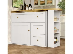 Mesa de bar extensible con rango, mesa alta, con étagère à snacks, diseño moderno, MDF, metal, blanco (138-204x39x105 cm)
