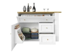 Mesa de bar extensible con rango, mesa alta, con étagère à snacks, diseño moderno, MDF, metal, blanco (138-204x39x105 cm)