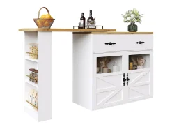 Mesa de bar extensible, giratoria 360°, espacio de almacenamiento, MDF, blanca (138-204x39x104 cm)