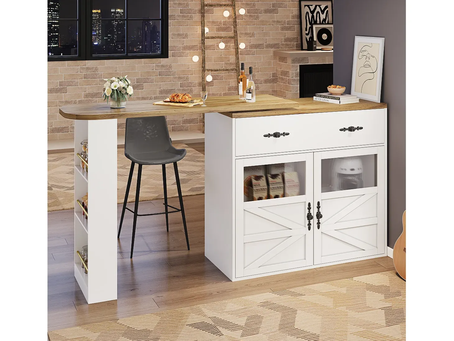 Mesa de bar extensible, giratoria 360°, espacio de almacenamiento, MDF, blanca (138-204x39x104 cm)