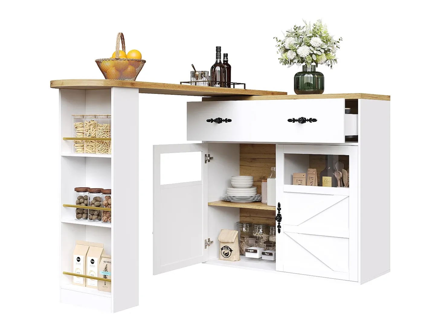 Mesa de bar extensible, giratoria 360°, espacio de almacenamiento, MDF, blanca (138-204x39x104 cm)