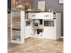 Mesa de bar extensible, giratoria 360°, espacio de almacenamiento, MDF, blanca (138-204x39x104 cm)