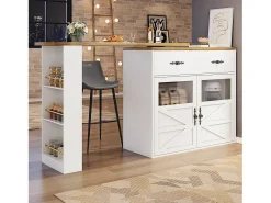 Mesa de bar extensible, giratoria 360°, espacio de almacenamiento, MDF, blanca (138-204x39x104 cm)