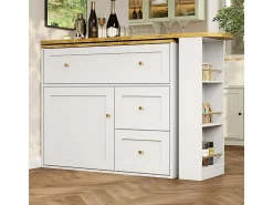 Mesa de Bar extensible giratoria - con 2 puertas, 2 cajones y 3 nichos - MDF - 138/204×39×105cm - Blanco