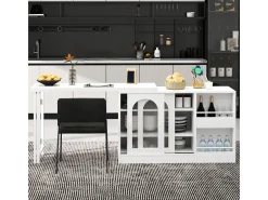 Mesa de bar extensible moderna, giratoria 360°, con espacio de almacenamiento, color blanco.