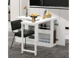 Mesa de bar extensible moderna, giratoria 360°, con espacio de almacenamiento, color blanco.