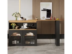 Mesa de bar extensible moderna con espacio de almacenamiento, 138-193 x 39 x 105 cm, con luz LED (color ajustable), color negro