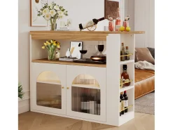 Mesa de bar extensible moderna con espacio de almacenamiento y luz LED (138-193 x 39 x 105 cm), mesa de cocina giratoria, color blanco y dorado