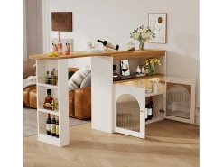 Mesa de bar extensible moderna con espacio de almacenamiento y luz LED (138-193 x 39 x 105 cm), mesa de cocina giratoria, color blanco y dorado