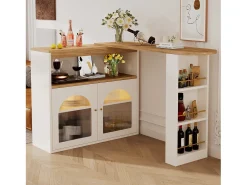 Mesa de bar extensible moderna con espacio de almacenamiento y luz LED (138-193 x 39 x 105 cm), mesa de cocina giratoria, color blanco y dorado