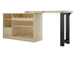 Mesa de bar extensible y plegable, mesa de comedor con cajón y dos puertas correderas de cristal, color natural