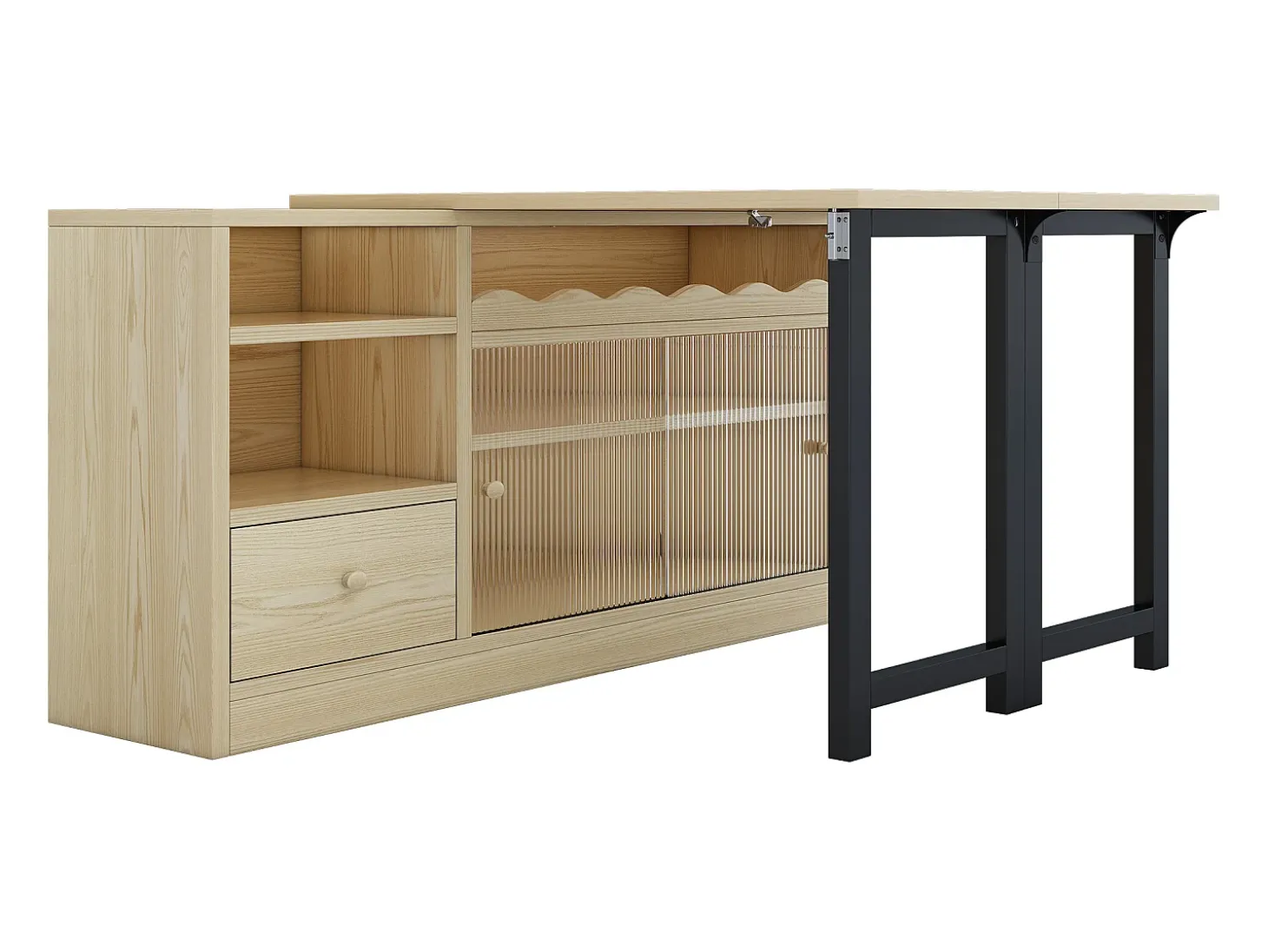Mesa de bar extensible y plegable, mesa de comedor con cajón y dos puertas correderas de cristal, color natural