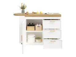 Mesa de bar giratoria 360° - 128/203 x 39 x 90 cm - con estantes + 3 cajones + puerta - MDF + metal - blanca