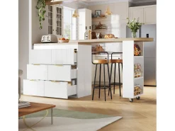Mesa de bar giratoria 360° - 128/203 x 39 x 90 cm - con estantes + 6 cajones - MDF + metal - blanca