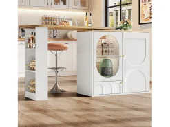 Mesa de bar giratoria con 3 puertas, isla de cocina con almacenaje - tablero extensible (138-204)x39x102 cm - blanco