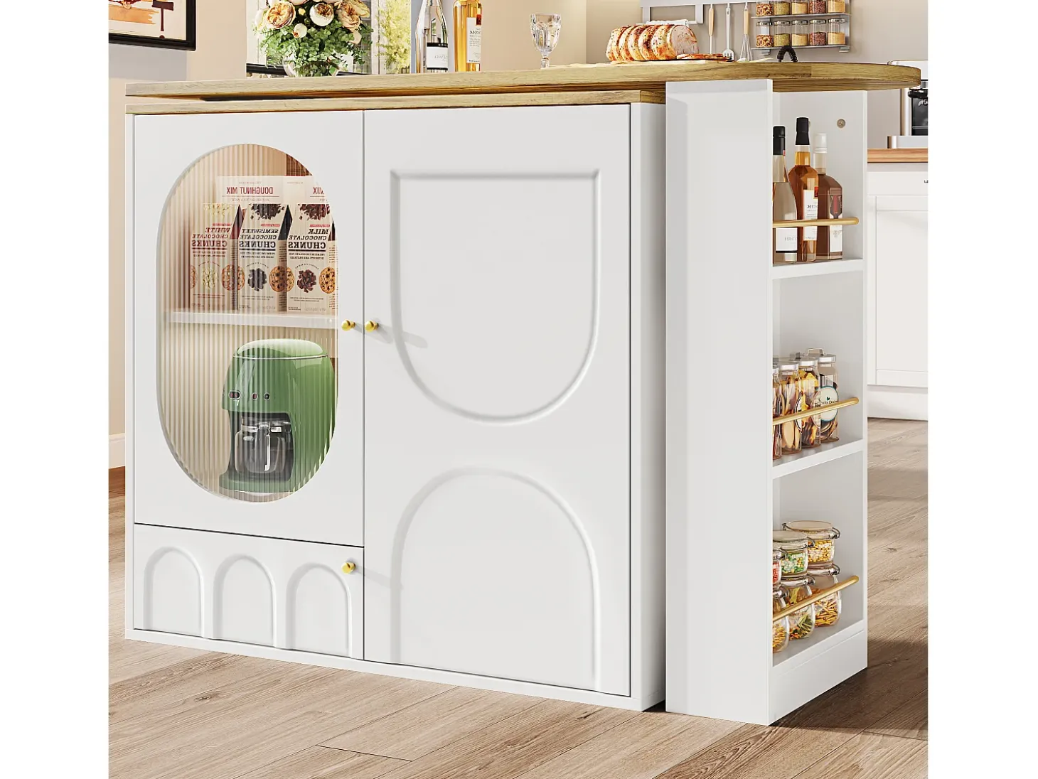 Mesa de bar giratoria con 3 puertas, isla de cocina con almacenaje - tablero extensible (138-204)x39x102 cm - blanco