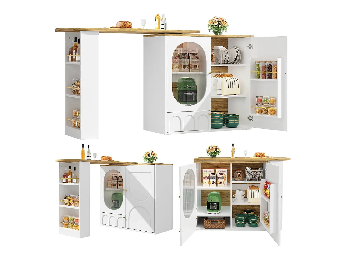 Mesa de bar giratoria con 3 puertas, isla de cocina con almacenaje - tablero extensible (138-204)x39x102 cm - blanco