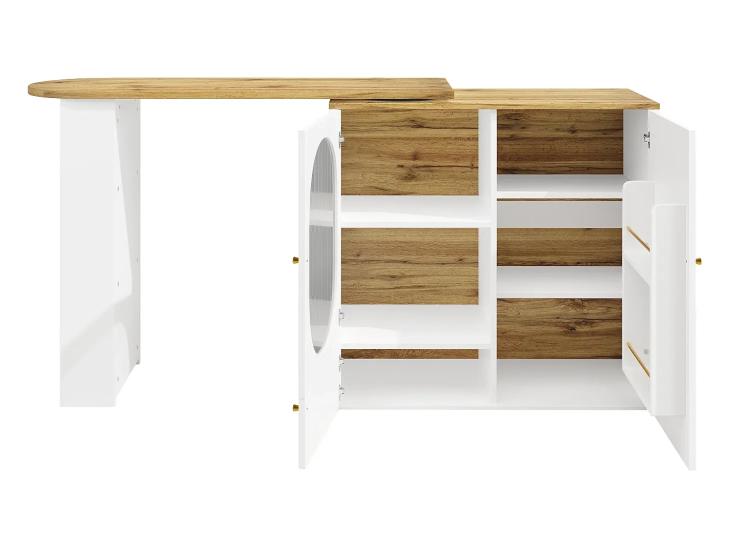 Mesa de bar giratoria con 3 puertas, isla de cocina con almacenaje - tablero extensible (138-204)x39x102 cm - blanco