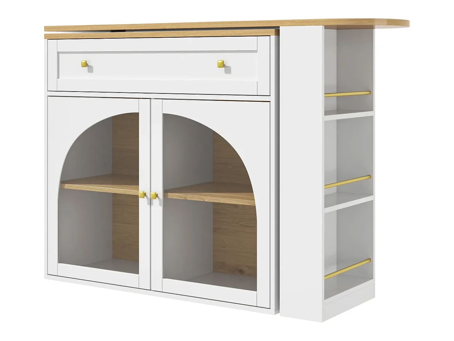 Mesa de bar giratoria con 2 puertas y 1 cajón Isla de cocina con tablero extensible (138-204)x39x104 cm - almacenaje abierto - blanco