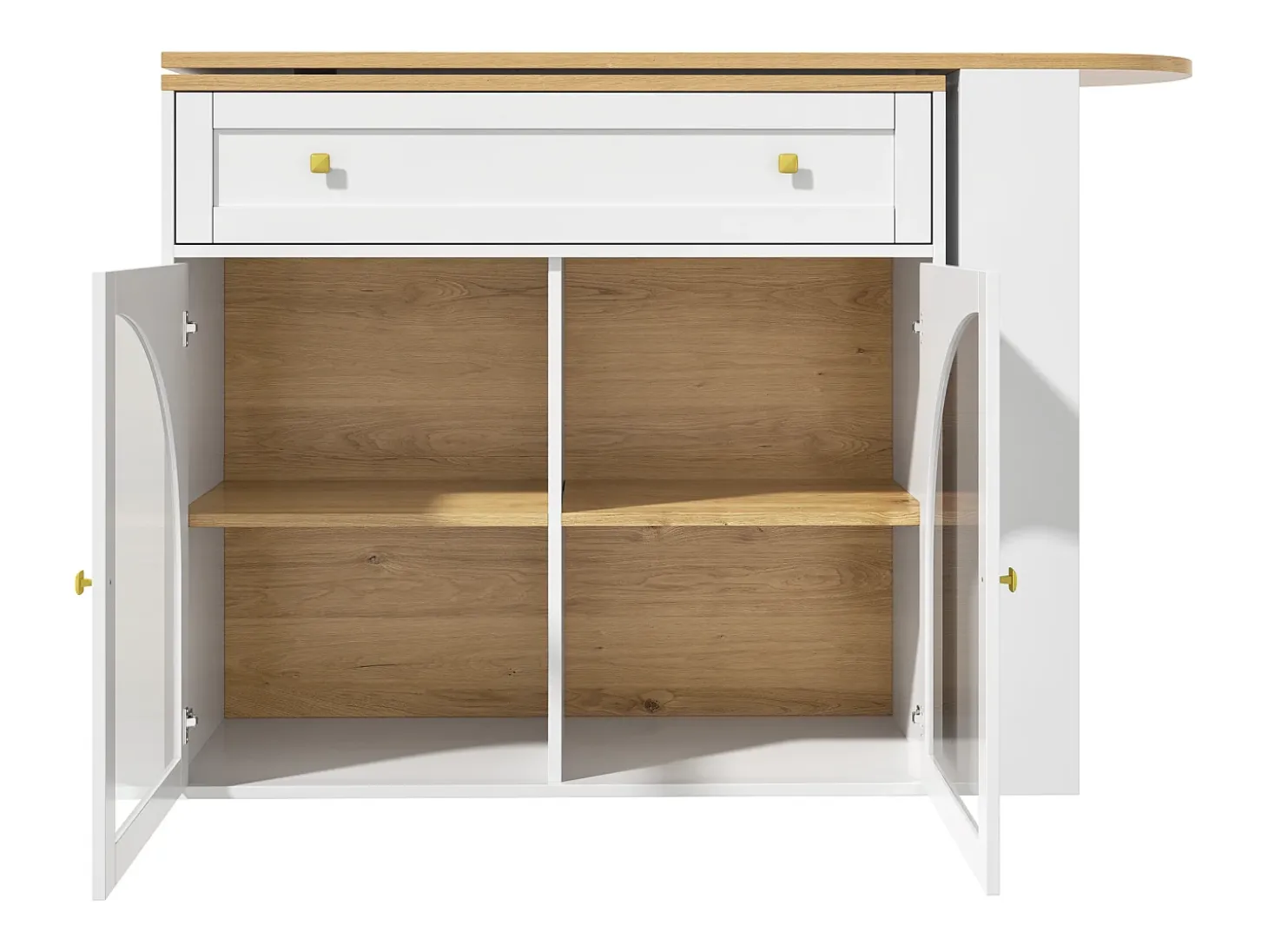 Mesa de bar giratoria con 2 puertas y 1 cajón Isla de cocina con tablero extensible (138-204)x39x104 cm - almacenaje abierto - blanco
