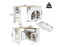 Mesa de bar giratoria con 2 puertas y 1 cajón Isla de cocina con tablero extensible (138-204)x39x104 cm - almacenaje abierto - blanco