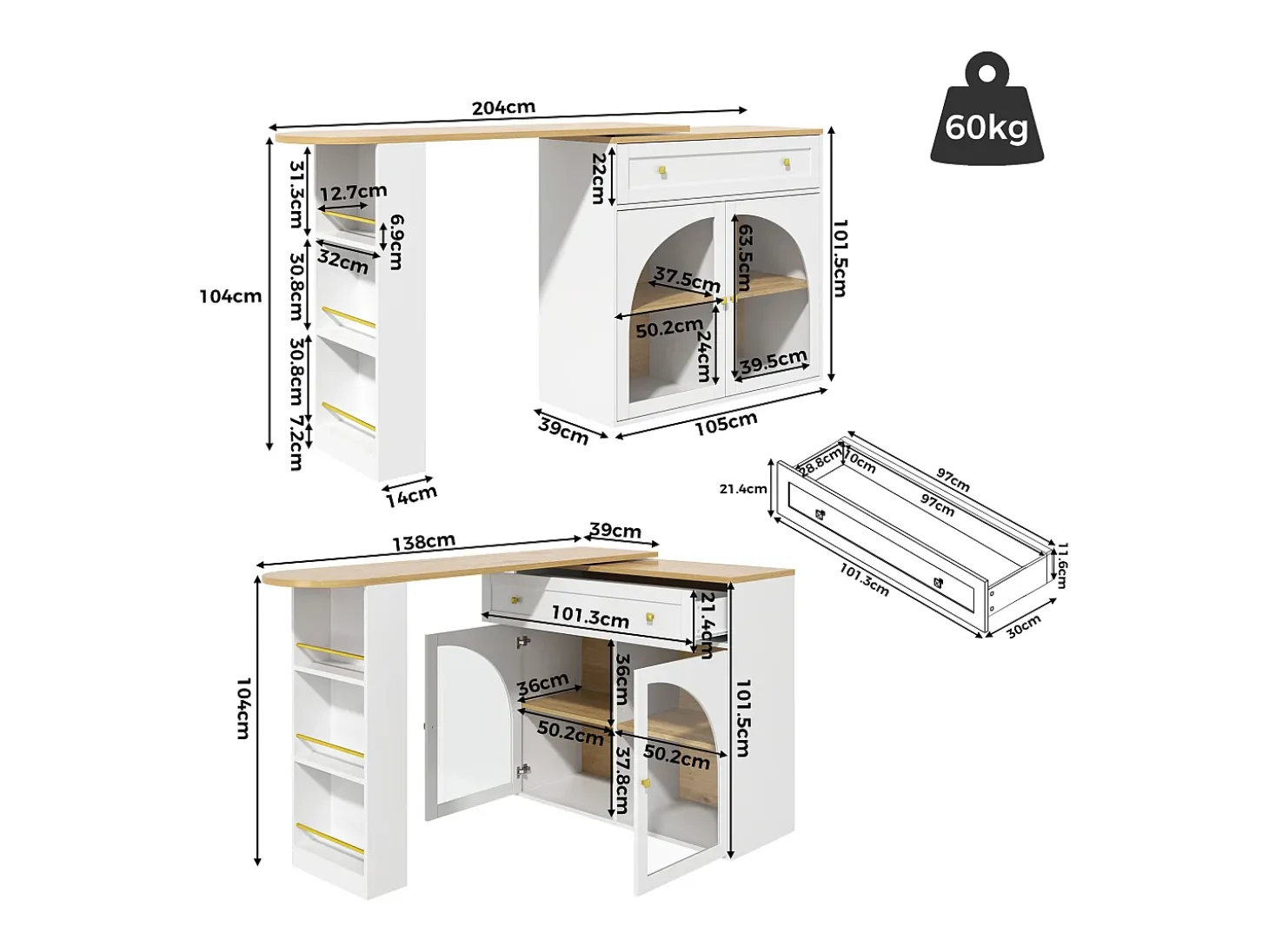 Mesa de bar giratoria con 2 puertas y 1 cajón Isla de cocina con tablero extensible (138-204)x39x104 cm - almacenaje abierto - blanco