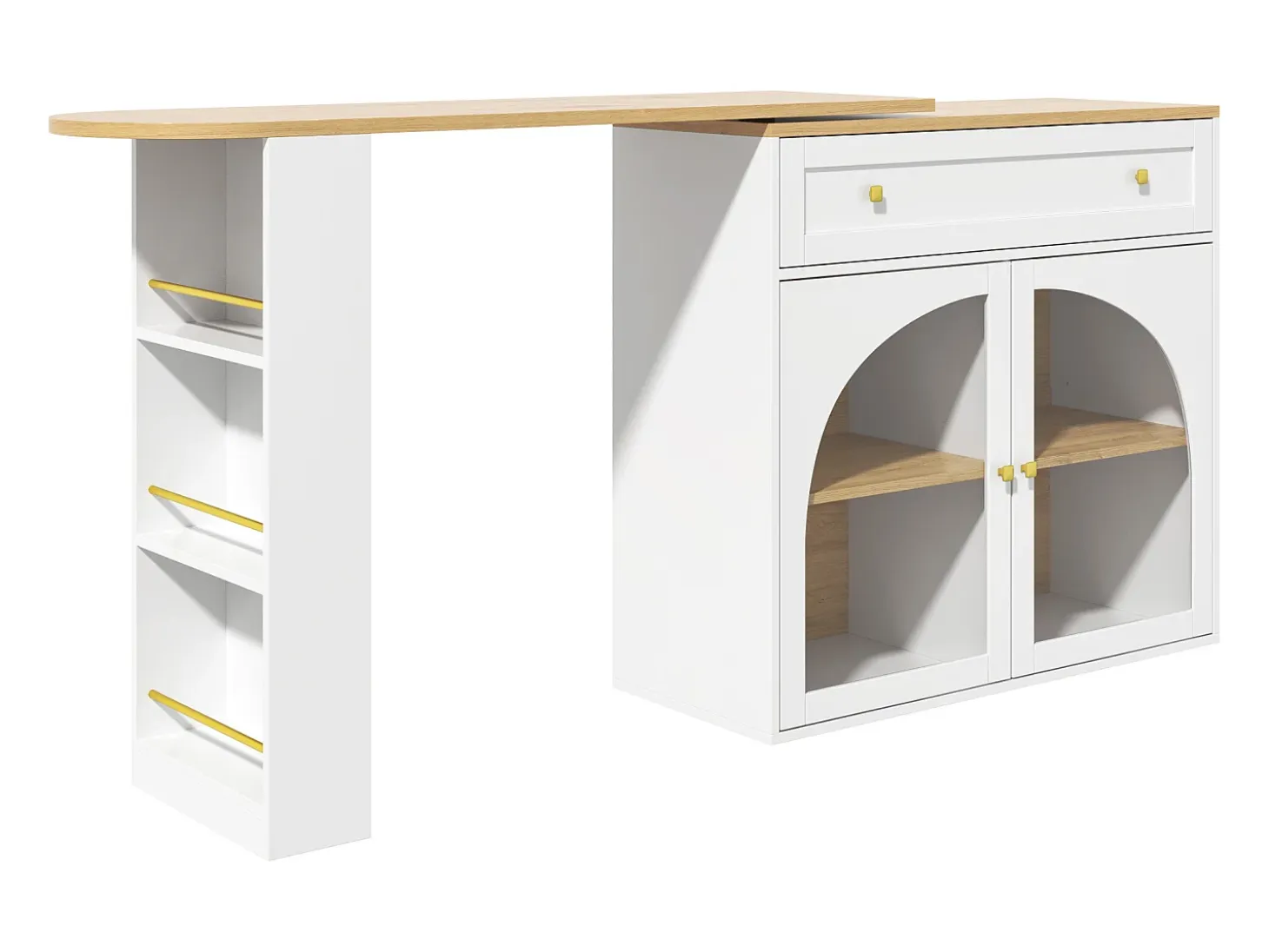 Mesa de bar giratoria con 2 puertas y 1 cajón Isla de cocina con tablero extensible (138-204)x39x104 cm - almacenaje abierto - blanco