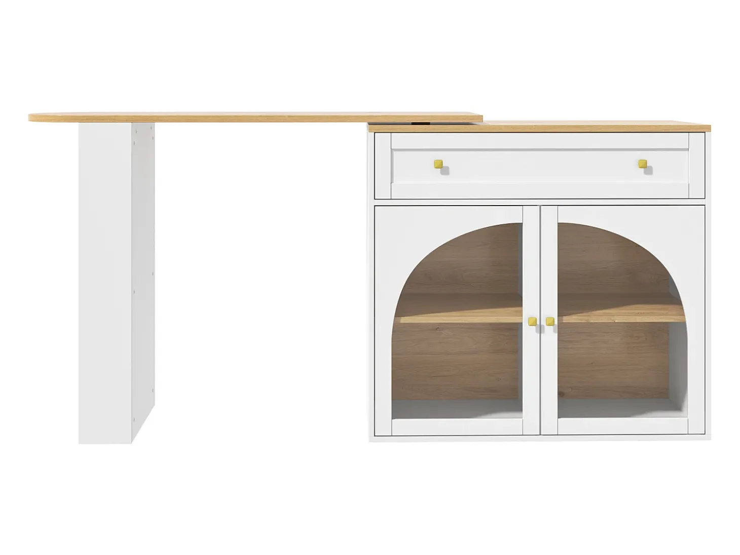 Mesa de bar giratoria con 2 puertas y 1 cajón Isla de cocina con tablero extensible (138-204)x39x104 cm - almacenaje abierto - blanco