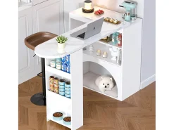 Mesa de bar giratoria con espacio de almacenamiento y para mascotas - Tapa efecto mármol - Blanco
