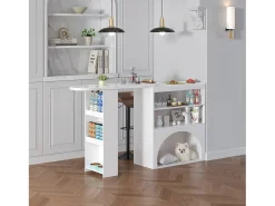 Mesa de bar giratoria con espacio de almacenamiento y para mascotas - Tapa efecto mármol - Blanco