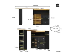 Mesa de bar giratoria de madera con 1 puerta de cristal y 2 cajones, aparador con almacenaje (138-204) x 39 x 104 cm - negro