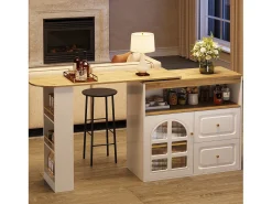 Mesa de bar giratoria de madera con 1 puerta de cristal y 2 cajones, aparador con almacenaje (138-204) x 39 x 104 cm - blanco