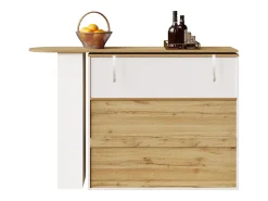 Mesa de bar giratoria de madera con 1 puerta de cristal y 2 cajones, aparador con almacenaje (138-204) x 39 x 104 cm - blanco