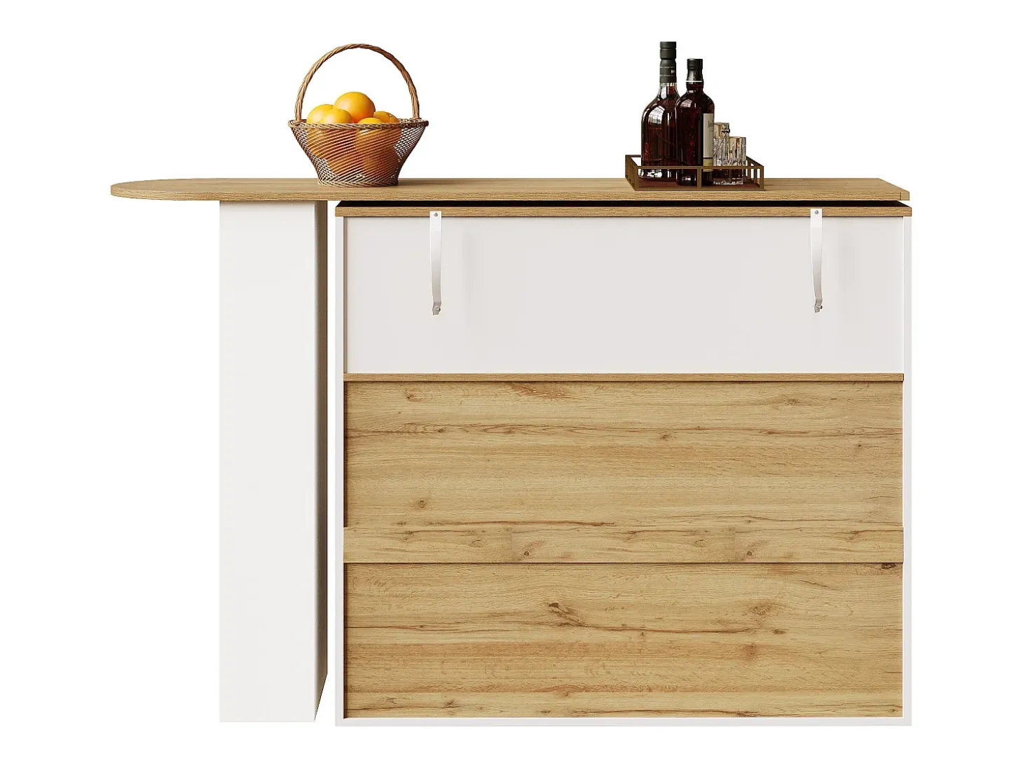 Mesa de bar giratoria de madera con 1 puerta de cristal y 2 cajones, aparador con almacenaje (138-204) x 39 x 104 cm - blanco