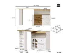 Mesa de bar giratoria de madera con 1 puerta de cristal y 2 cajones, aparador con almacenaje (138-204) x 39 x 104 cm - blanco