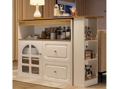 Mesa de bar giratoria de madera con 1 puerta de cristal y 2 cajones, aparador con almacenaje (138-204) x 39 x 104 cm - blanco