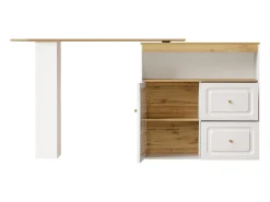 Mesa de bar giratoria de madera con 1 puerta de cristal y 2 cajones, aparador con almacenaje (138-204) x 39 x 104 cm - blanco