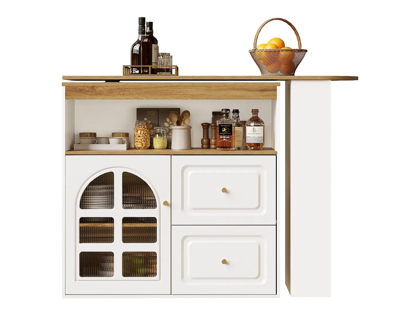 Mesa de bar giratoria de madera con 1 puerta de cristal y 2 cajones, aparador con almacenaje (138-204) x 39 x 104 cm - blanco