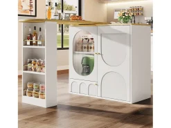 Mesa de bar giratoria de 360°, mueble con espacio de almacenamiento, MDF y metal, blanco y negro (137,9 x 73 x 92,5 cm)